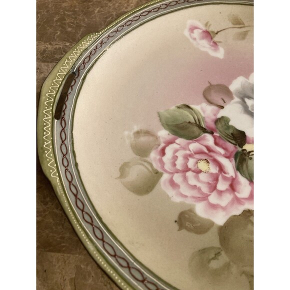 Nippon CORONATION WARE 2 Handle Plate Handpainted Flowers Pink White Japan 9” - Picture 2 of 9
